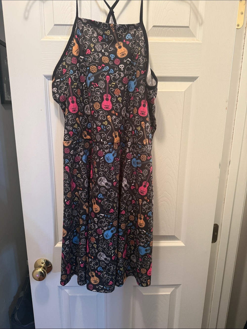 Hot Topic Black Midi Dress with Multicolor Guitar Print
